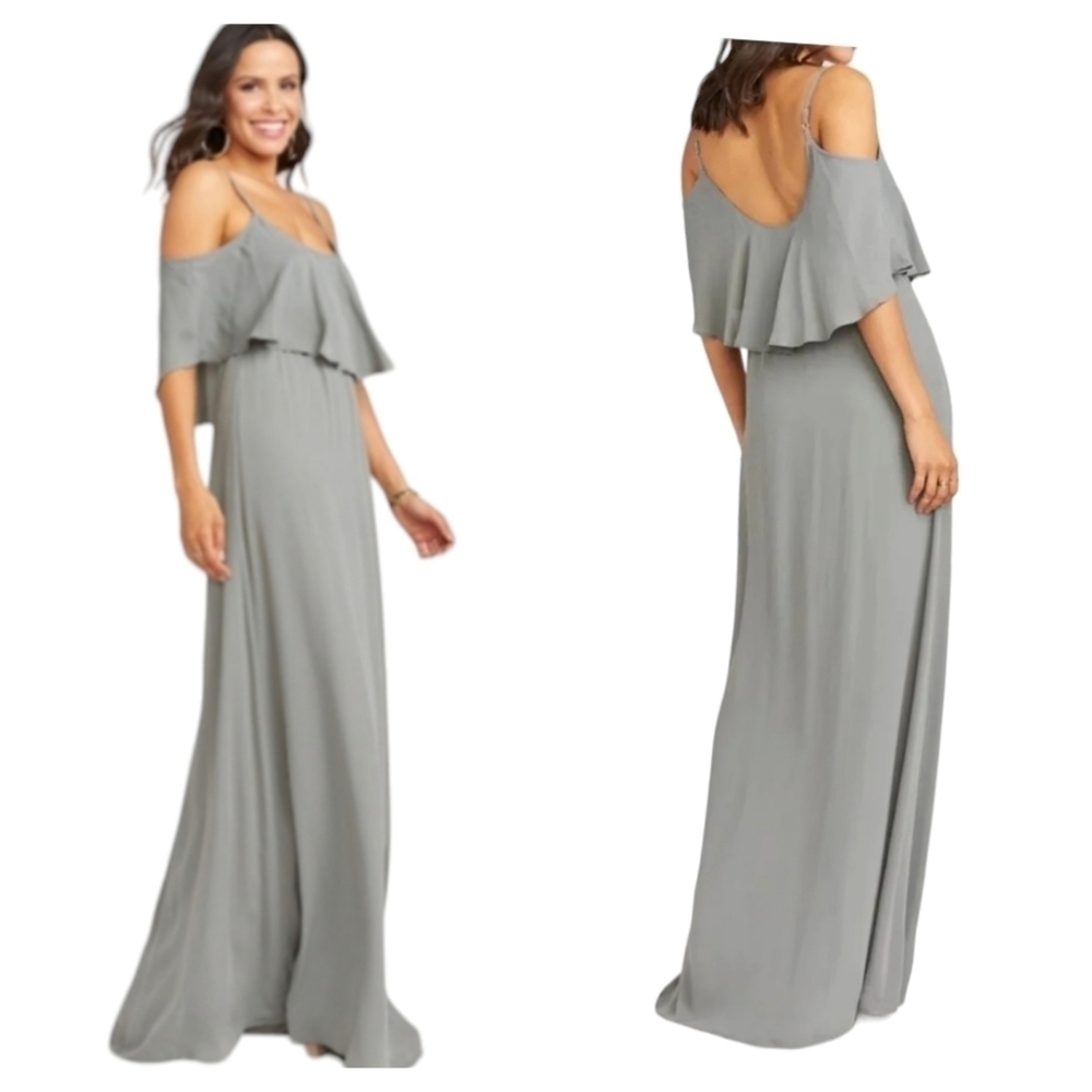 Show Me Your MuMu Caitlin Ruffle Cold Shoulder Maxi Dress in Dove Grey - Picture 1 of 5